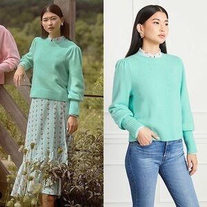 NWT HILL HOUSE Mint‎ Merino Wool Soft Knit Puffed Long Sleeve Cropped Sweater L